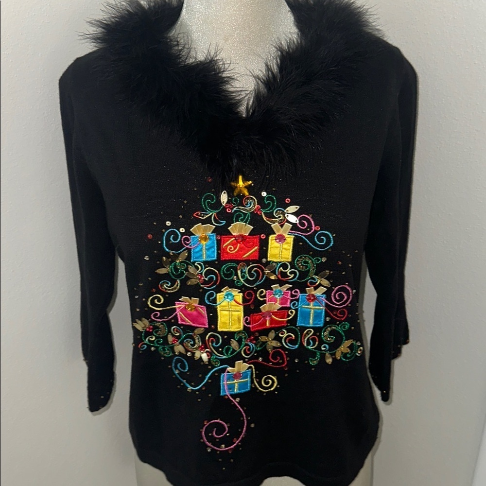 Jack B Quick black red green embellished feather trim holiday sweater small s